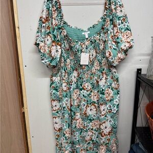 LC Lauren Conrad Green Floral Smocked Dress